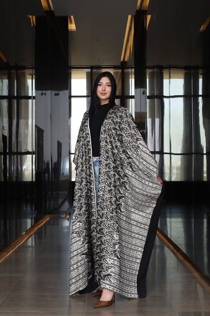 Black & White Patterned Open Abaya