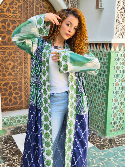 Long Boho Kimono - Green & Blue
