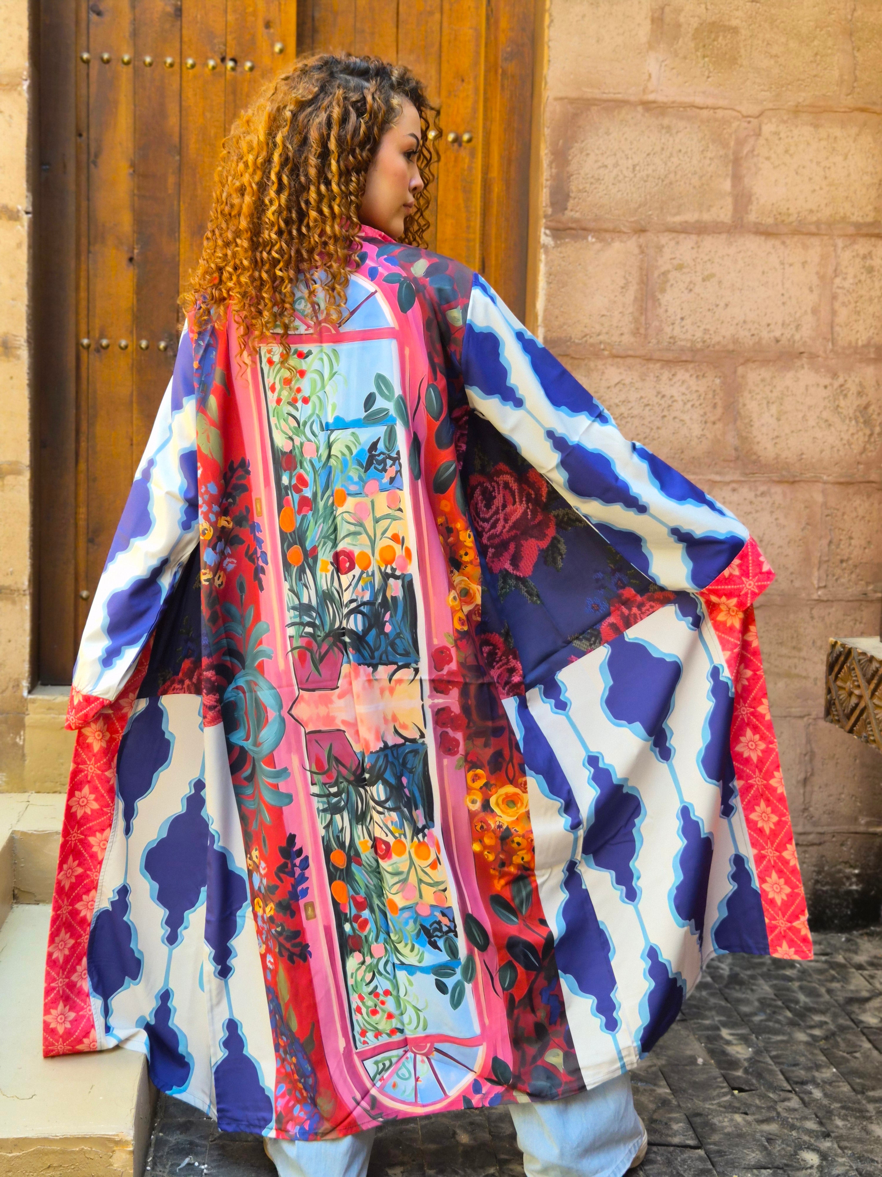 Long Boho Kimono - Blue & Red