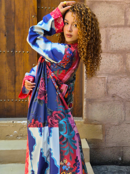 Long Boho Kimono - Blue & Red