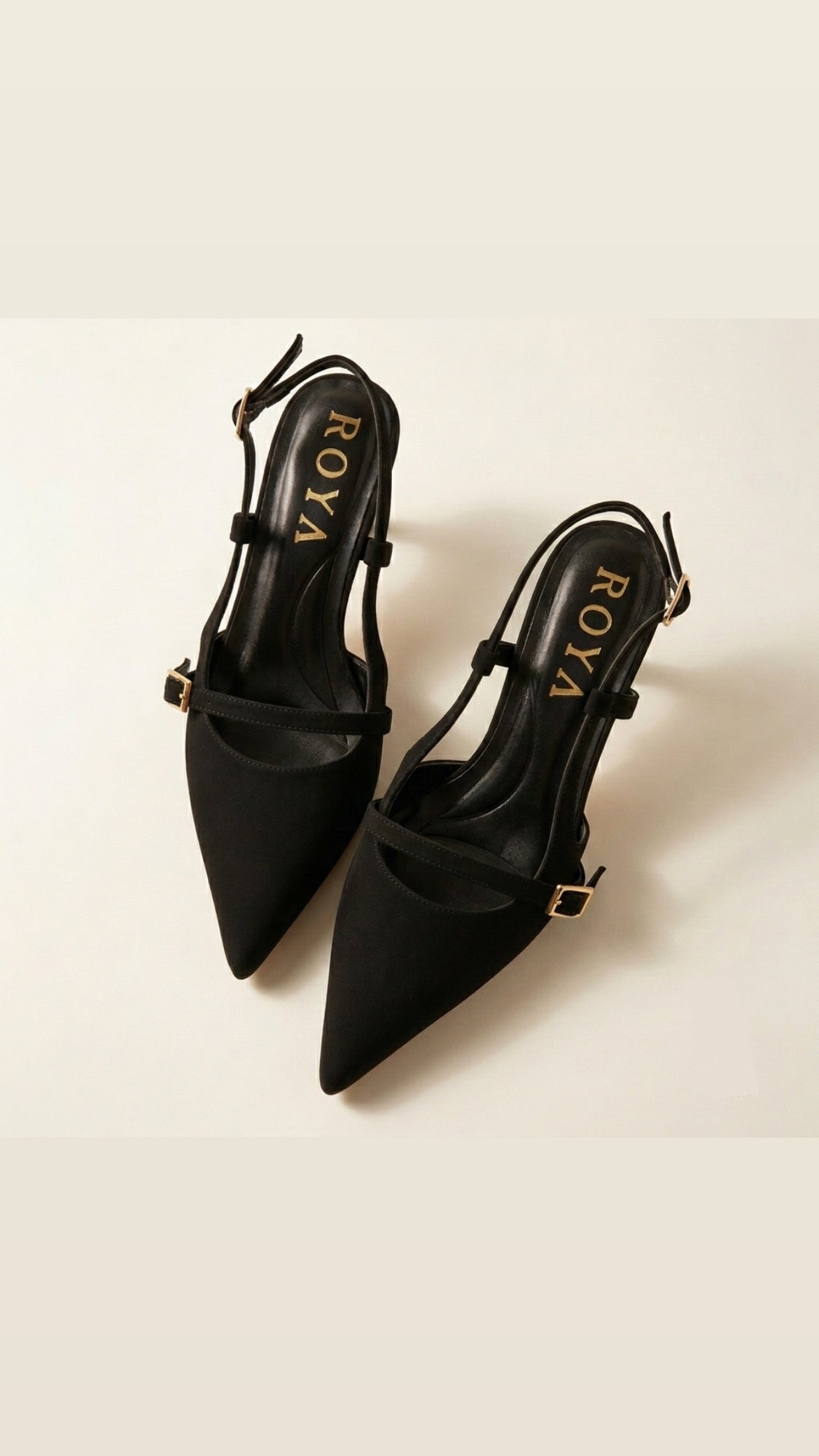 ROYA Black Pointed-Toe Slingback Kitten Heels