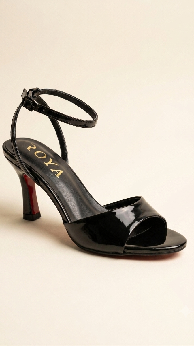 ROYA Black Patent Leather Ankle-Strap Heels