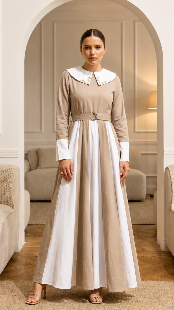 A woman stands in a softly lit interior wearing a long beige dress with a white Peter Pan collar and white cuffs, paired with a matching beige belt and a full white skirt. The room has cream walls, an arched doorway, upholstered seating, and a light rug.