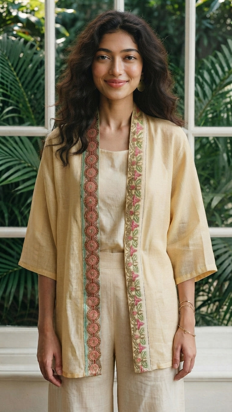 A woman wearing a light beige linen kurta with green and pink floral embroidery down the front, paired with matching beige trousers, standing in front of a window with green foliage visible outside.