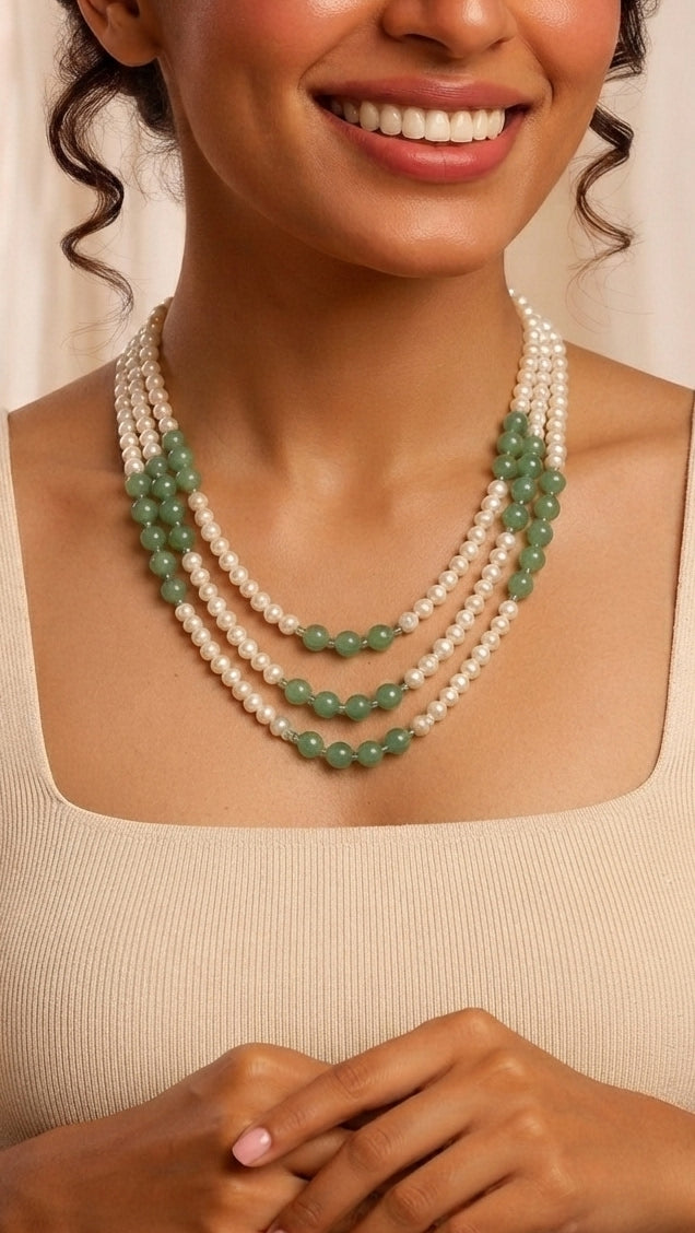 Multi-Strand Natural Pearl Necklace with Green Agate Beads