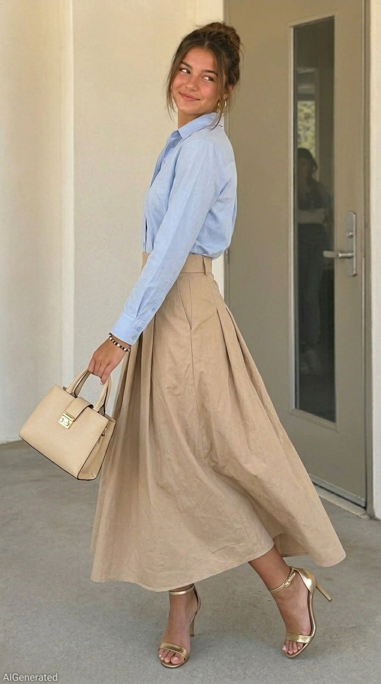 Pleated High-Waisted Midi Skirt