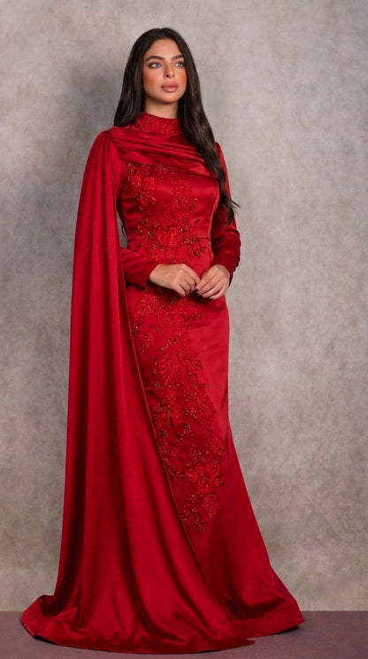 Red Beaded Mermaid Evening Gown with Cape Sleeves