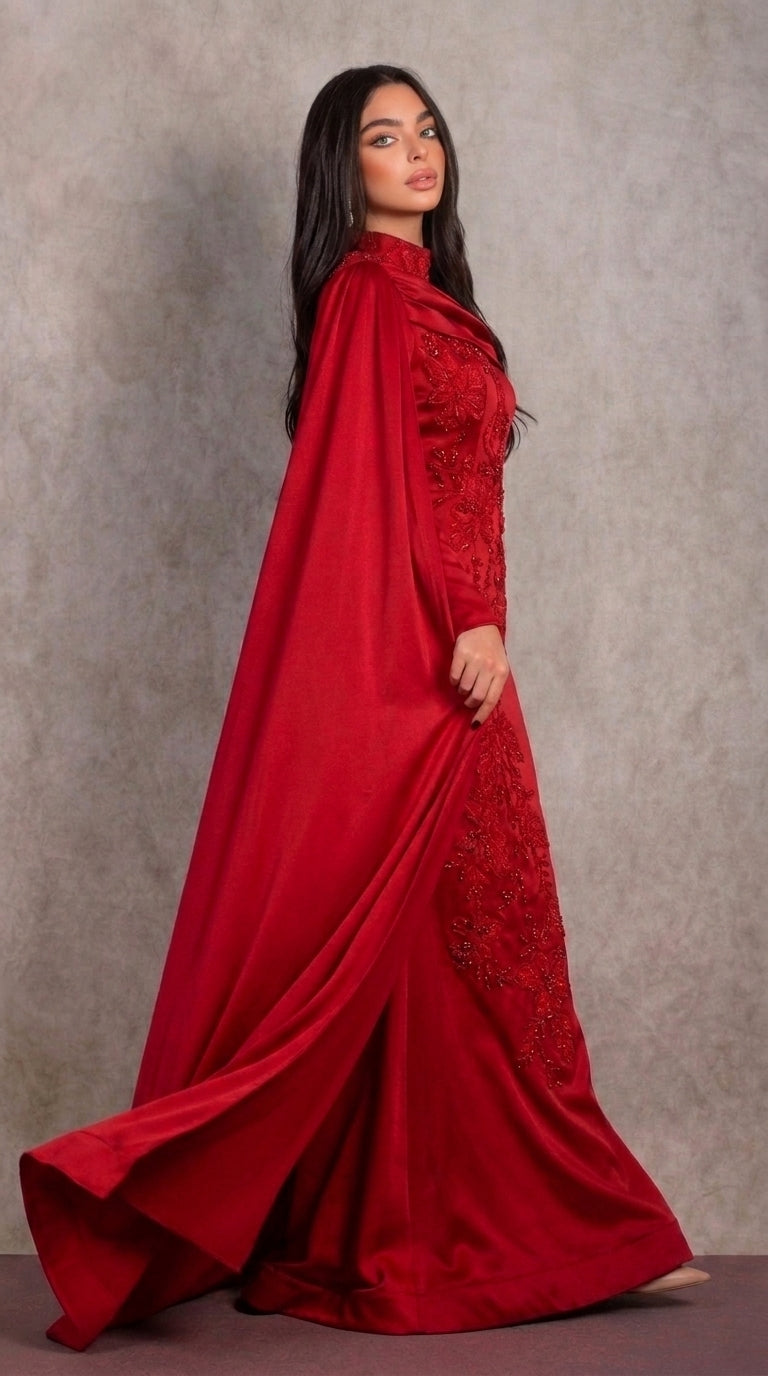 Red Beaded Mermaid Evening Gown with Cape Sleeves