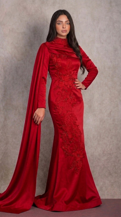 Red Beaded Mermaid Evening Gown with Cape Sleeves