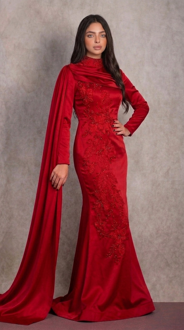 Red Beaded Mermaid Evening Gown with Cape Sleeves