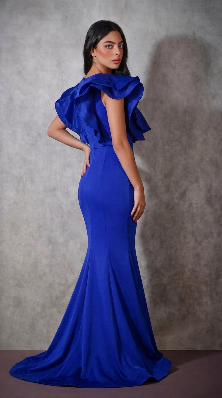 Royal Blue Satin Mermaid Gown with Ruffled Off-Shoulder Neckline