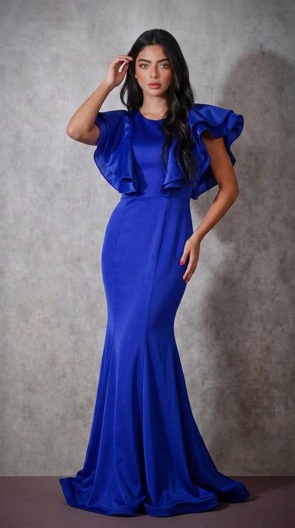 Royal Blue Satin Mermaid Gown with Ruffled Off-Shoulder Neckline