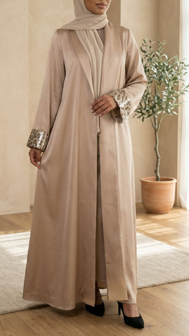 Beige Open Abaya with Leopard Print Details