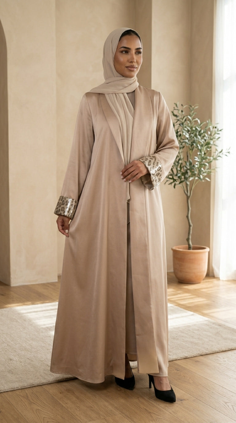 Beige Open Abaya with Leopard Print Details