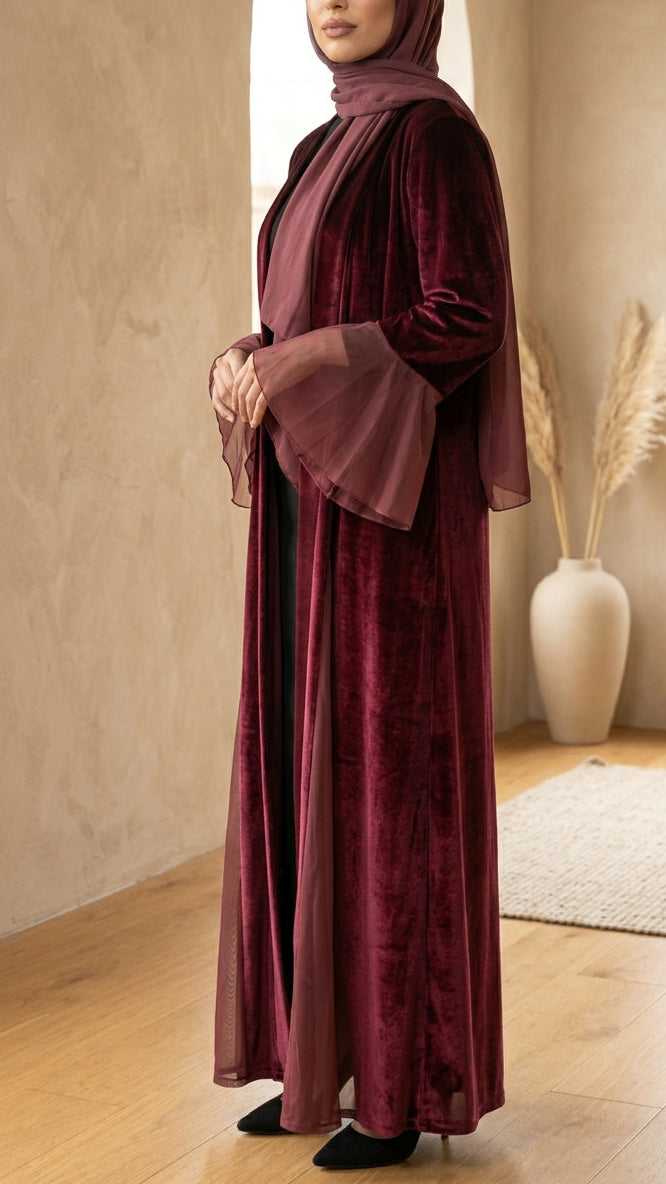Burgundy Velvet Open Abaya with Chiffon Bell Sleeves