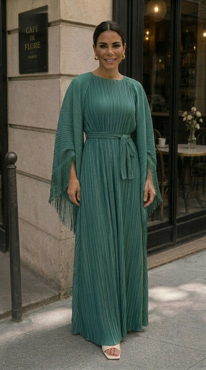 Emerald Pleated Cape Dress