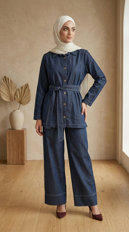 Woman wearing a denim outfit with a hijab in a room with a wooden floor and beige walls.