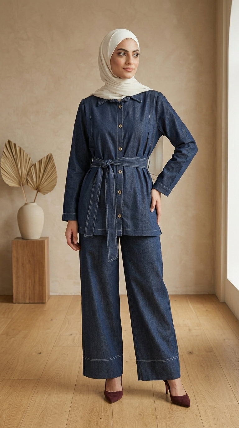 Woman wearing a denim outfit with a hijab in a room with a wooden floor and beige walls.
