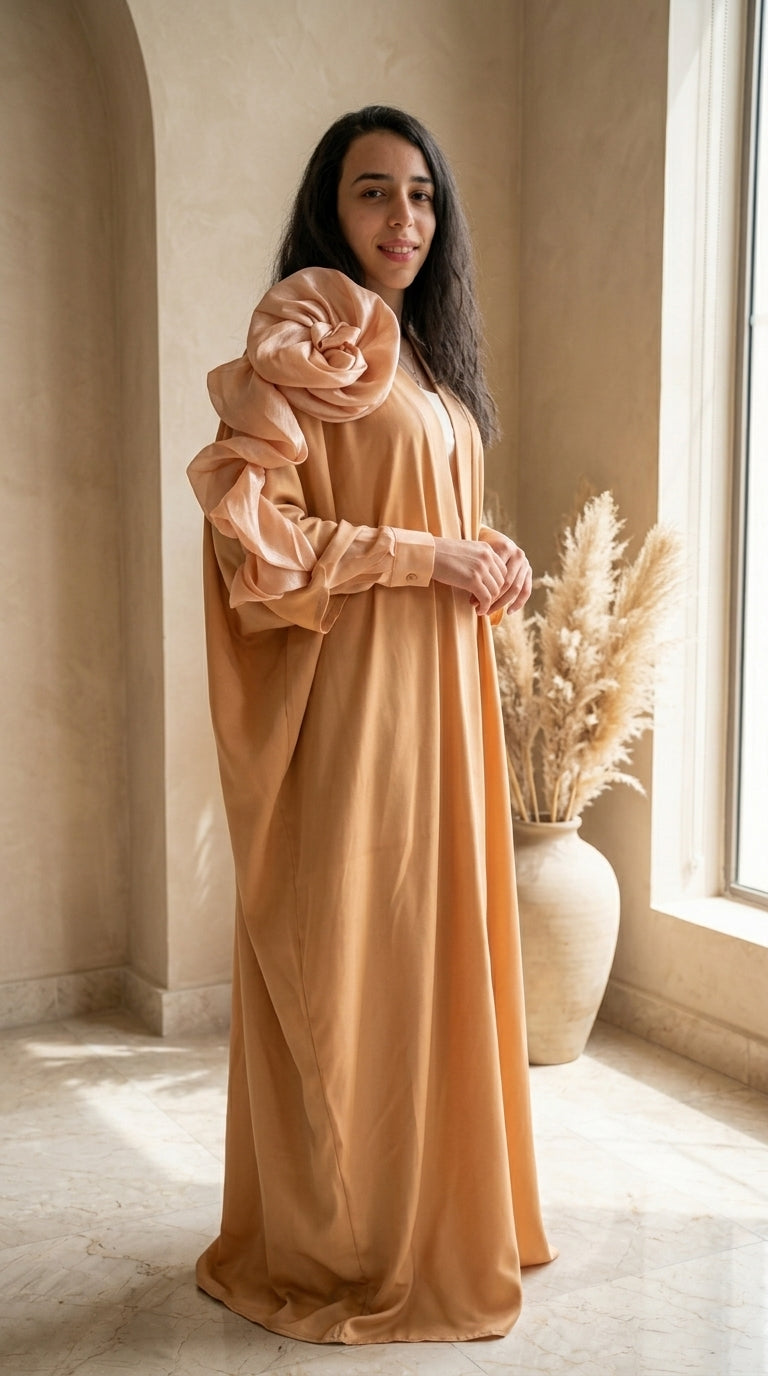 Woman wearing a long, light brown dress with a matching headscarf in a softly lit room.