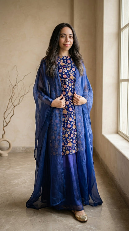 Woman wearing a blue floral dress with a matching shawl in a room with a window.