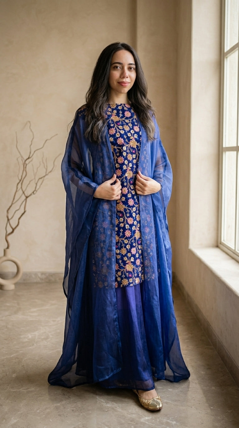 Woman wearing a blue floral dress with a matching shawl in a room with a window.