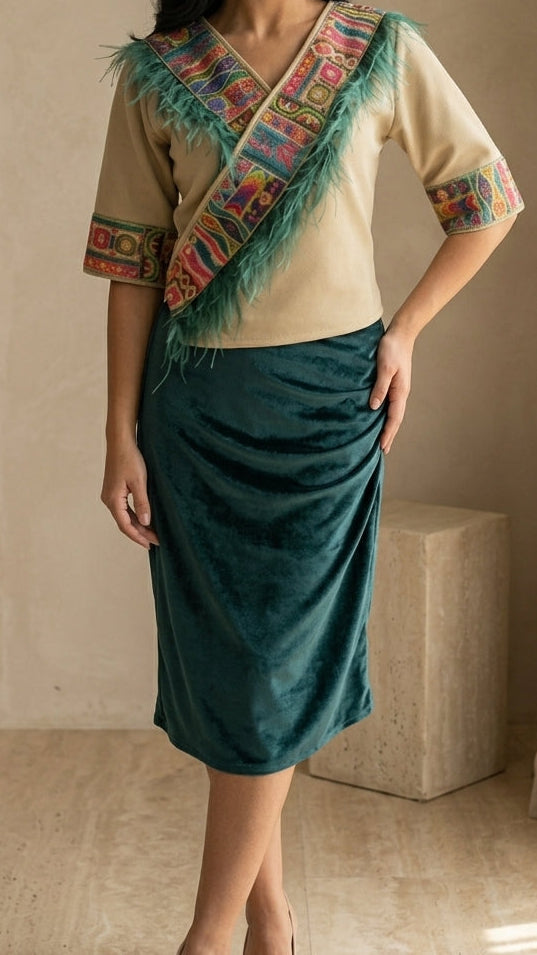 Woman wearing a traditional outfit with a green skirt and beige top, standing indoors.