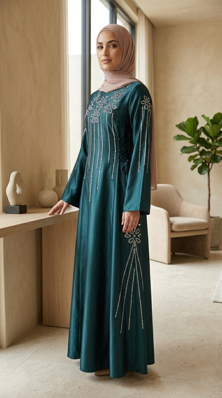 Woman in a teal dress with intricate white embroidery standing in a modern room.