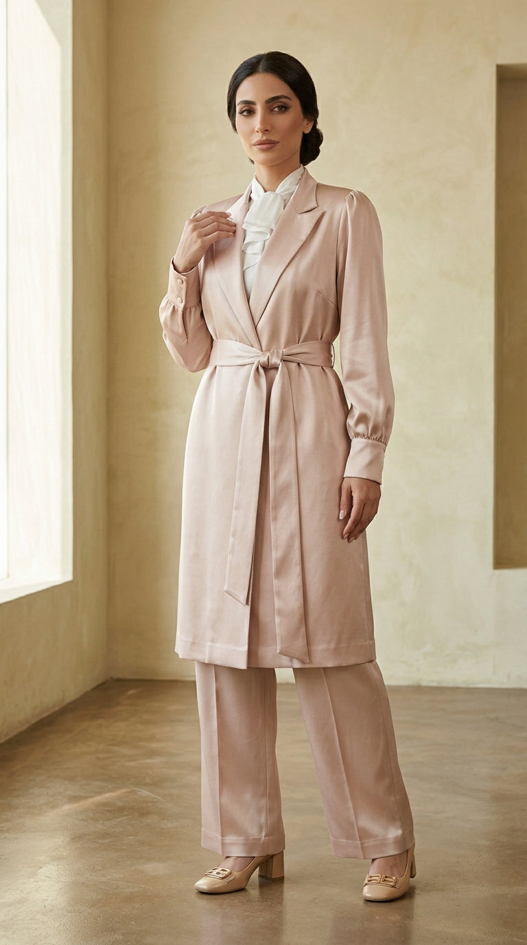 Woman wearing a light pink suit standing in a room with a neutral color palette.