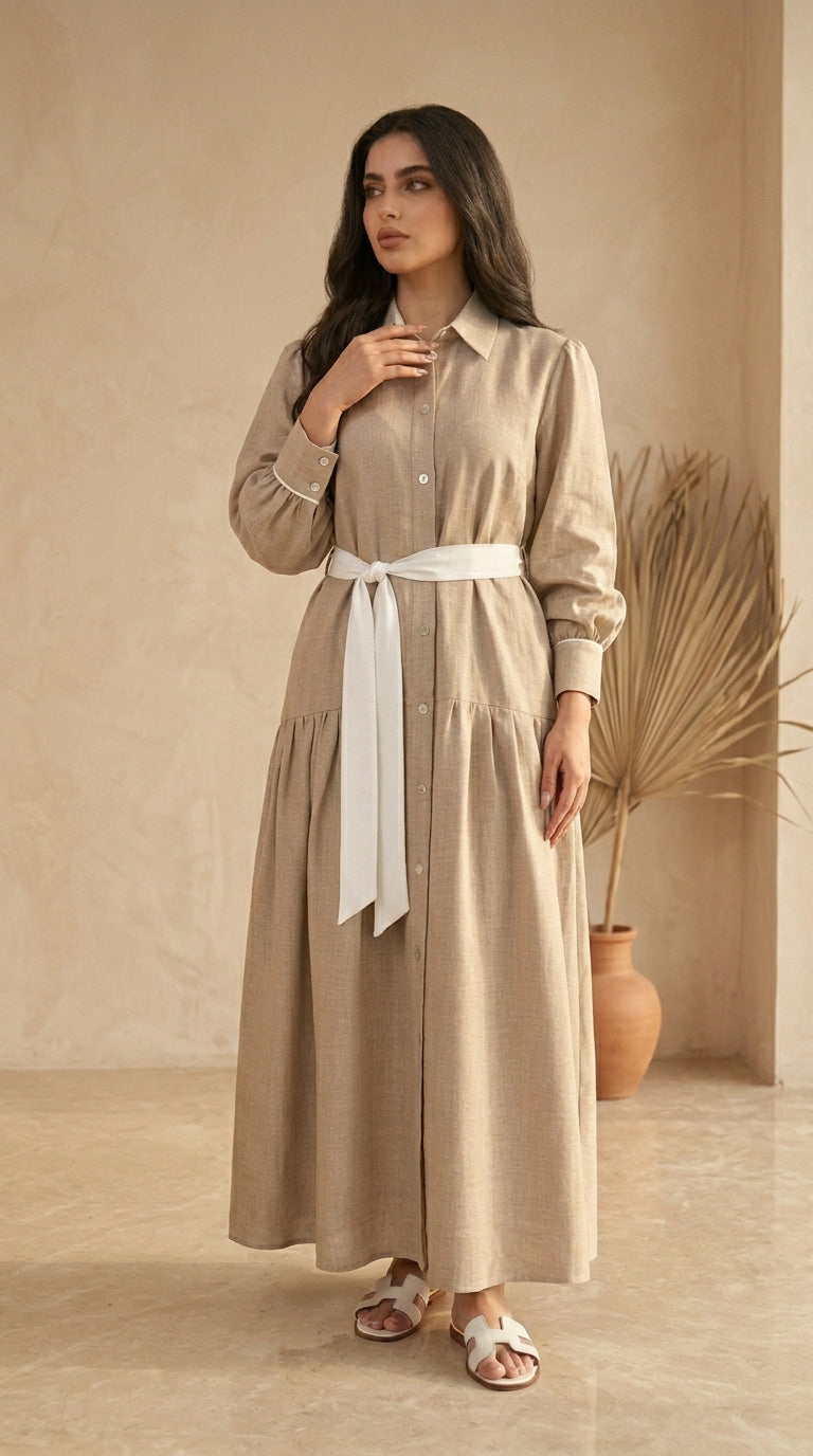 Woman wearing a beige dress with a white belt in a minimalistic setting.