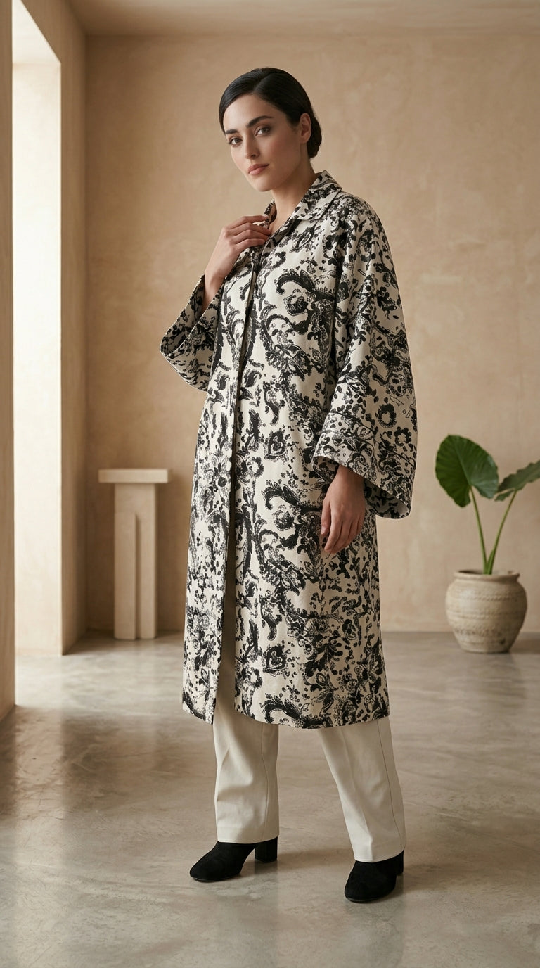 Woman wearing a black and white patterned coat in a minimalistic room.
