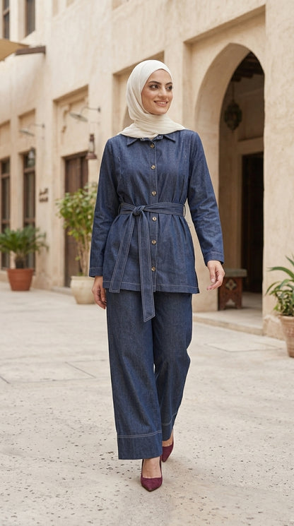 Woman in a blue outfit standing in an outdoor setting with architectural elements.