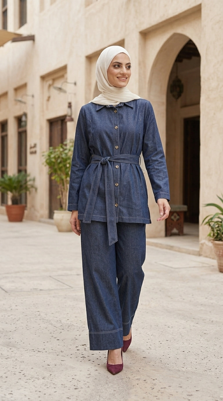 Woman in a blue outfit standing in an outdoor setting with architectural elements.