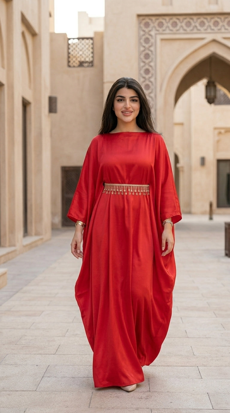 Woman in a red dress standing in front of an architectural building.