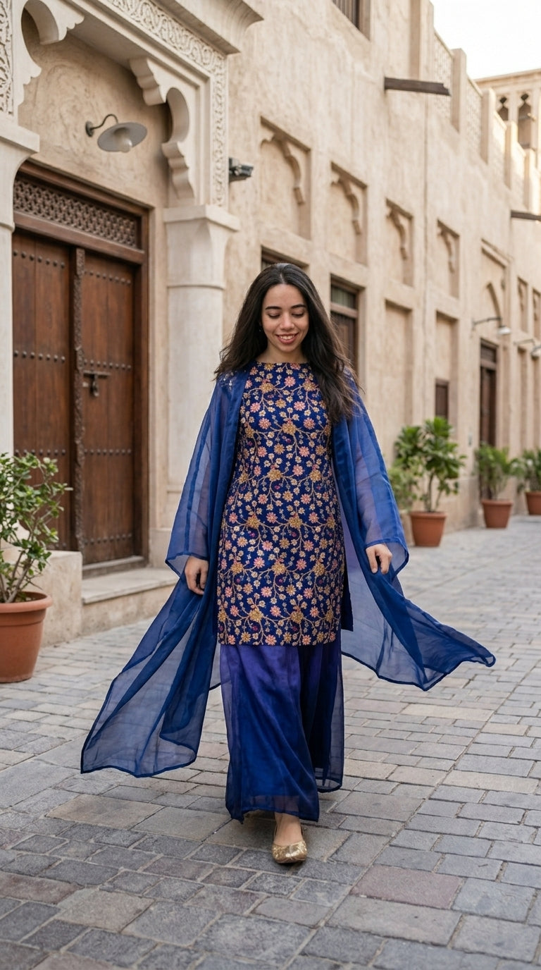 Woman in a blue floral dress and long blue scarf walking in an urban setting.