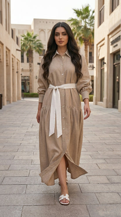 Woman wearing a beige dress with a white belt in an urban setting
