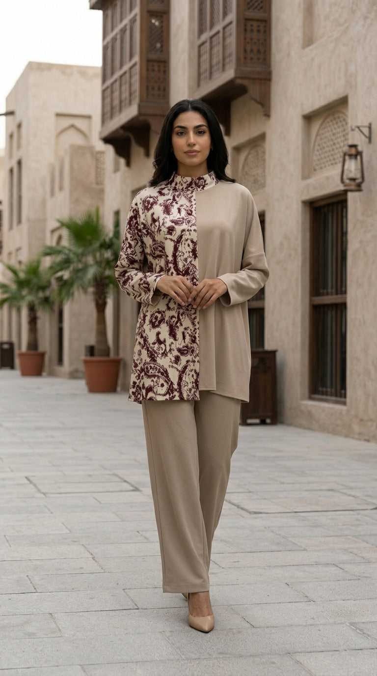 Woman in a floral top and beige pants standing in front of an architectural building.