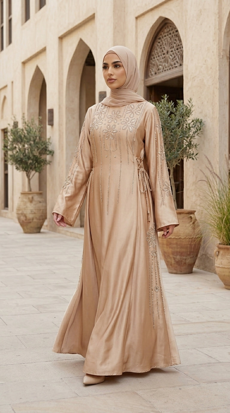 Woman in a beige abaya standing in front of a building with arches and potted plants.