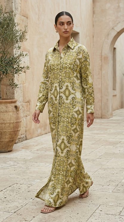 Woman wearing a long, patterned dress standing in a sunlit outdoor setting.