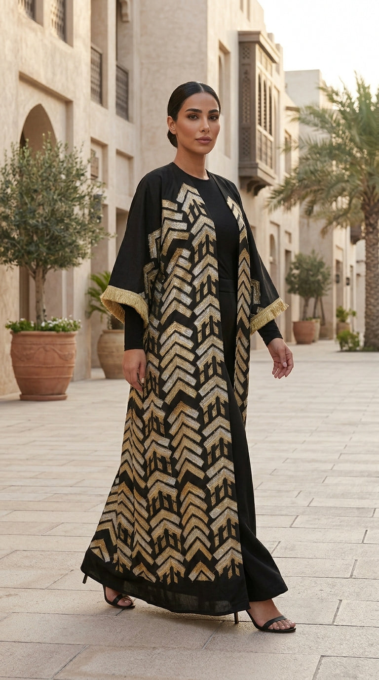 Black & Gold Geometric Embroidered Abaya