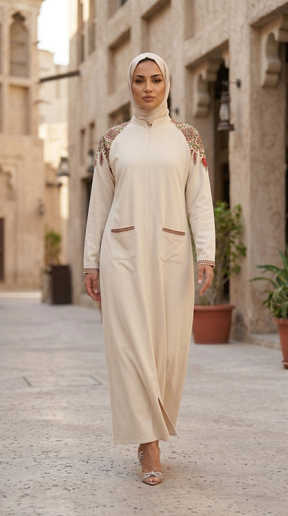 Cream Heritage Hand-Embroidered Linen Abaya