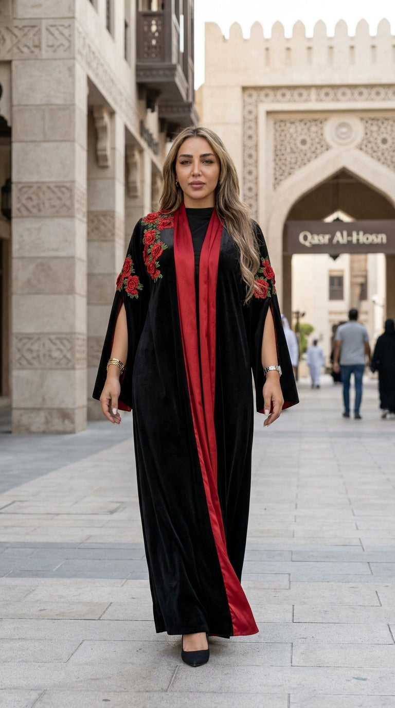 Black Open Abaya with Red Floral Embroidery