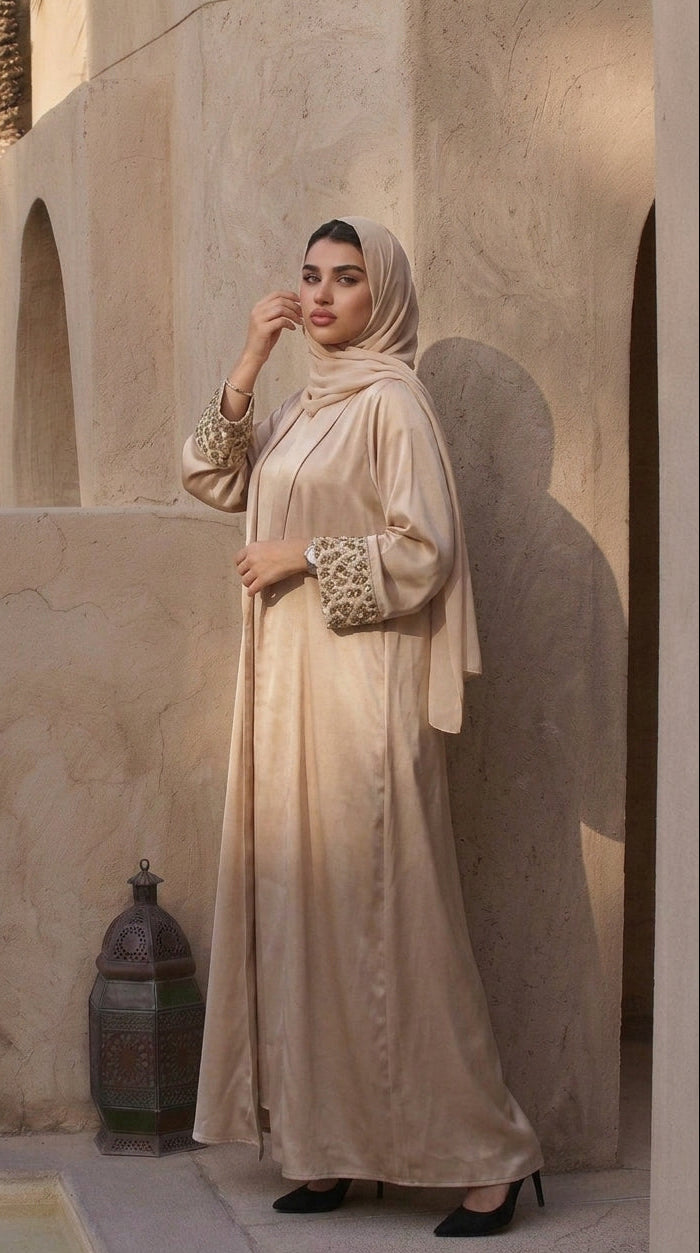 Beige Open Abaya with Leopard Print Details