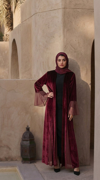 Burgundy Velvet Open Abaya with Chiffon Bell Sleeves