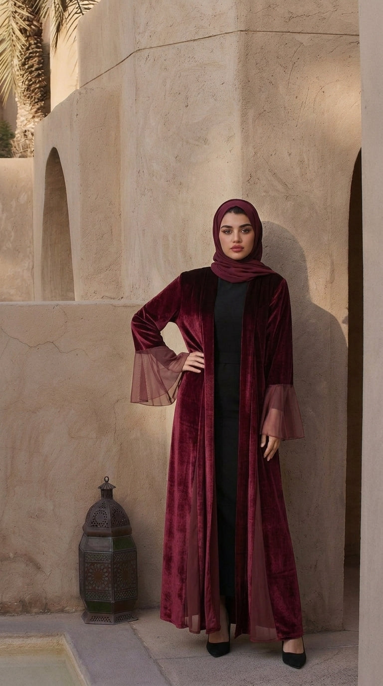 Burgundy Velvet Open Abaya with Chiffon Bell Sleeves