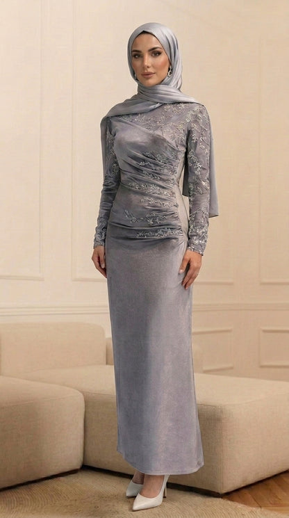 Ruched Shimmer Long Sleeve Maxi Dress