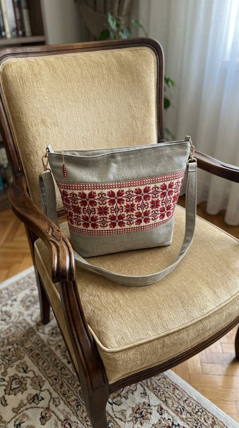 A gray fabric shoulder bag with a red and white embroidered floral pattern across the front, resting on a beige upholstered wooden armchair in a home interior.