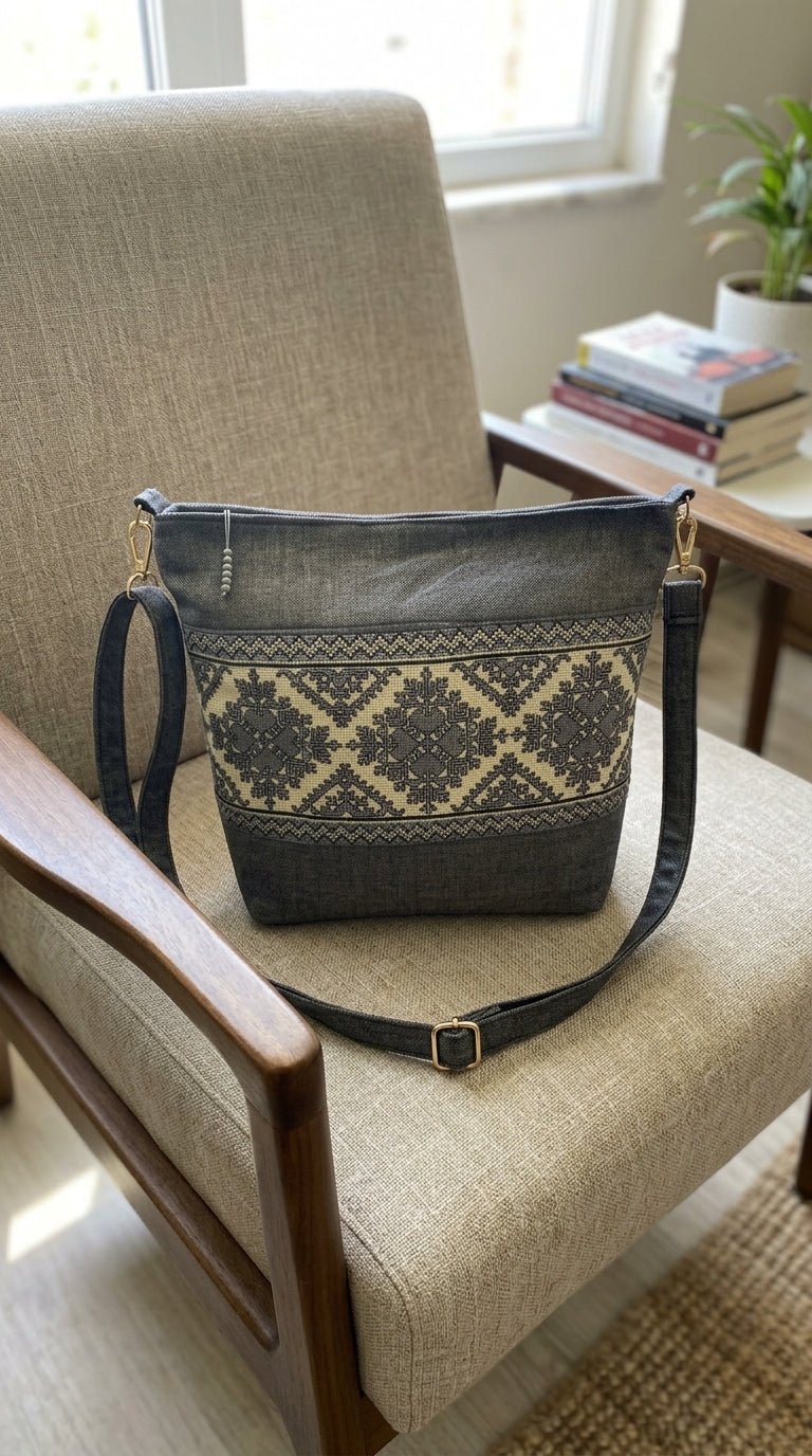 Yara Design – Grey Diamond Hand-Embroidered Crossbody Bag