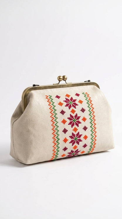 Ivory Kiss-Lock Clutch with Floral Cross-Stitch