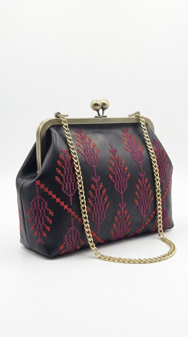 Black Kiss-Lock Bag with Burgundy Embroidery