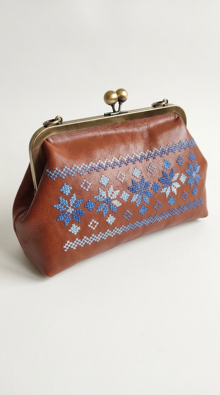 Chestnut Kiss-Lock Bag with Blue Star Embroidery